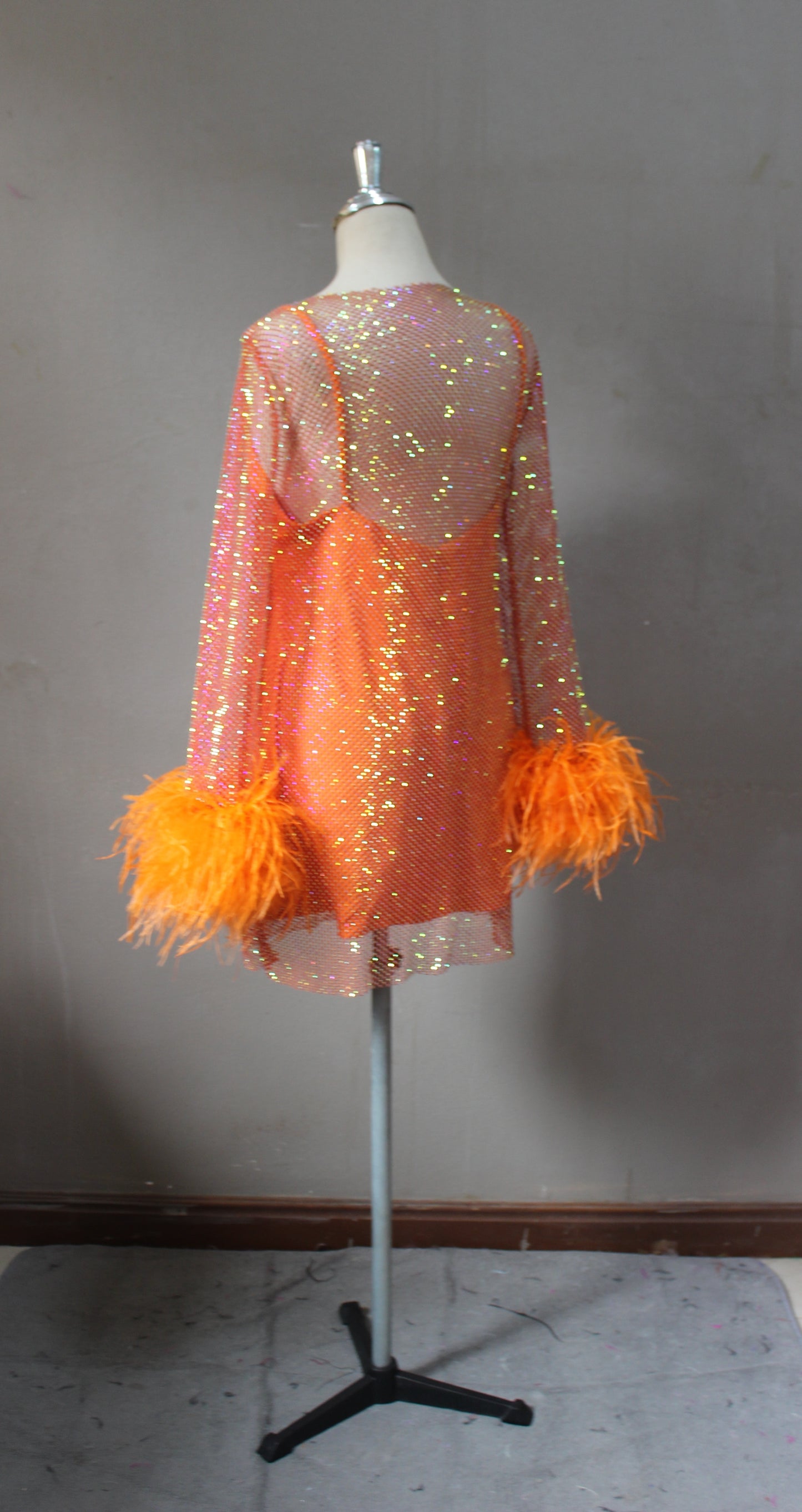 MARAYA Orange Rhinestone mesh Long Sleeve Mini Feather Dress With Slip dress
