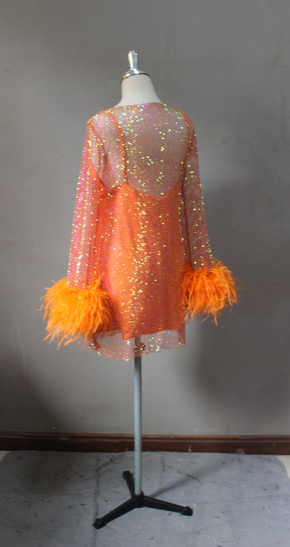 MARAYA Orange Rhinestone mesh Long Sleeve Mini Feather Dress With Slip dress