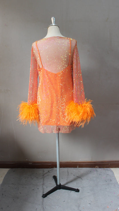 MARAYA Orange Rhinestone mesh Long Sleeve Mini Feather Dress With Slip dress