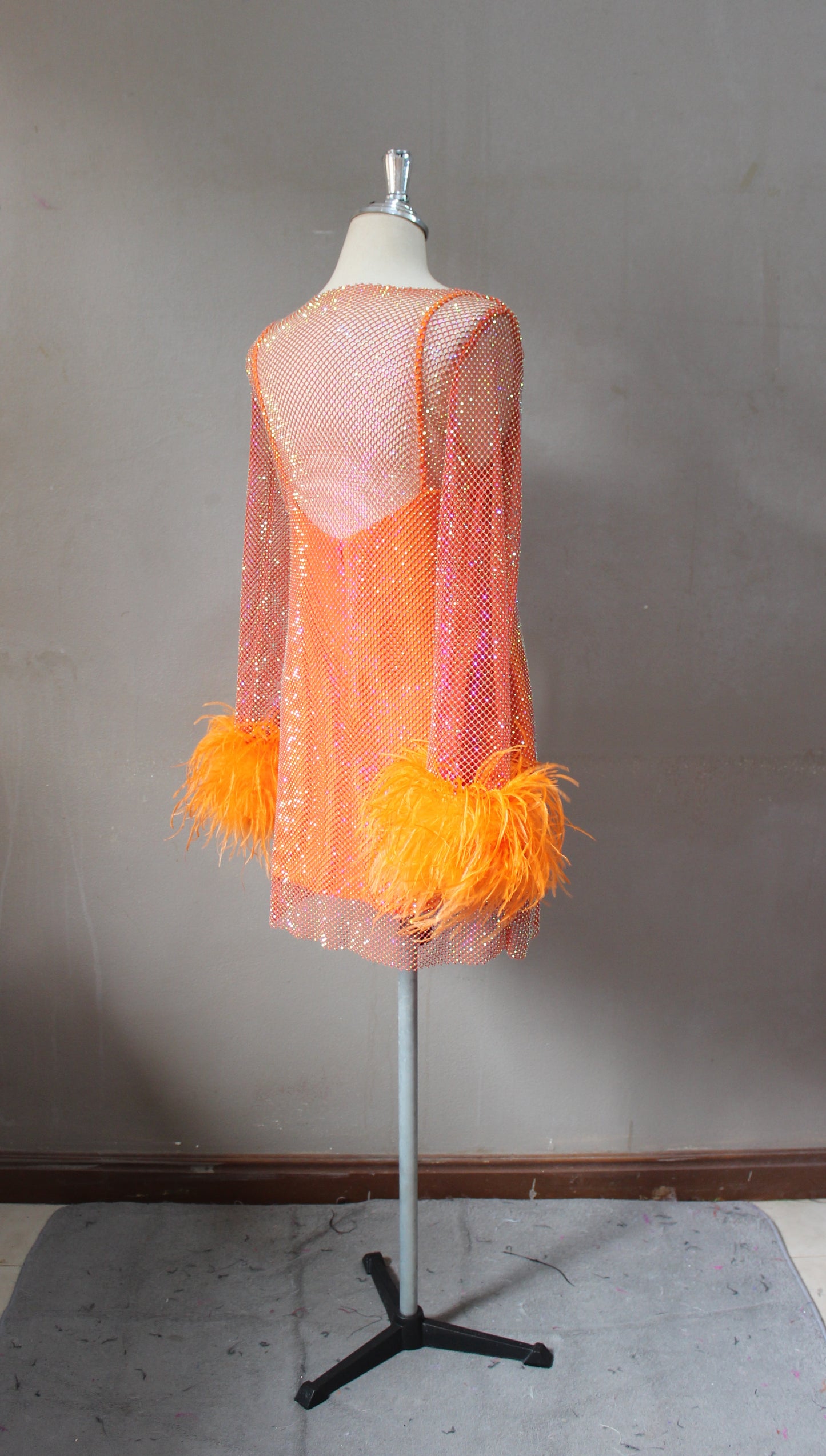 MARAYA Orange Rhinestone mesh Long Sleeve Mini Feather Dress With Slip dress
