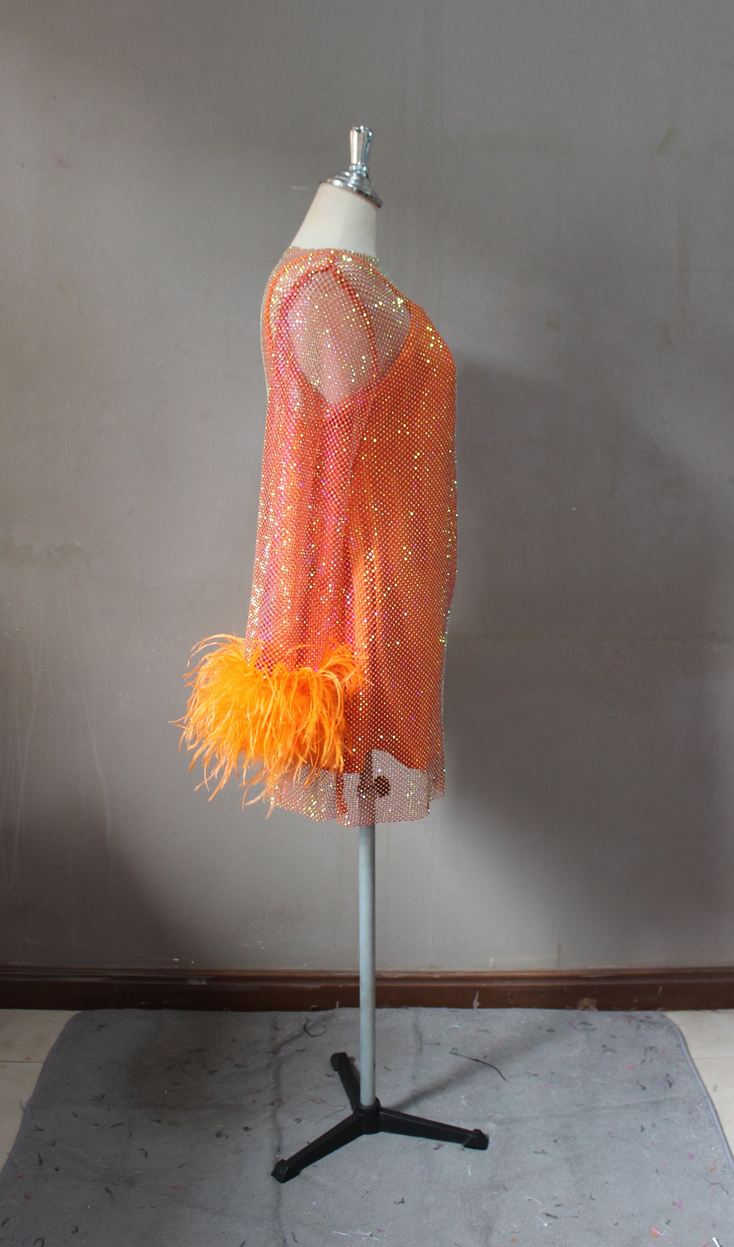 MARAYA Orange Rhinestone mesh Long Sleeve Mini Feather Dress With Slip dress