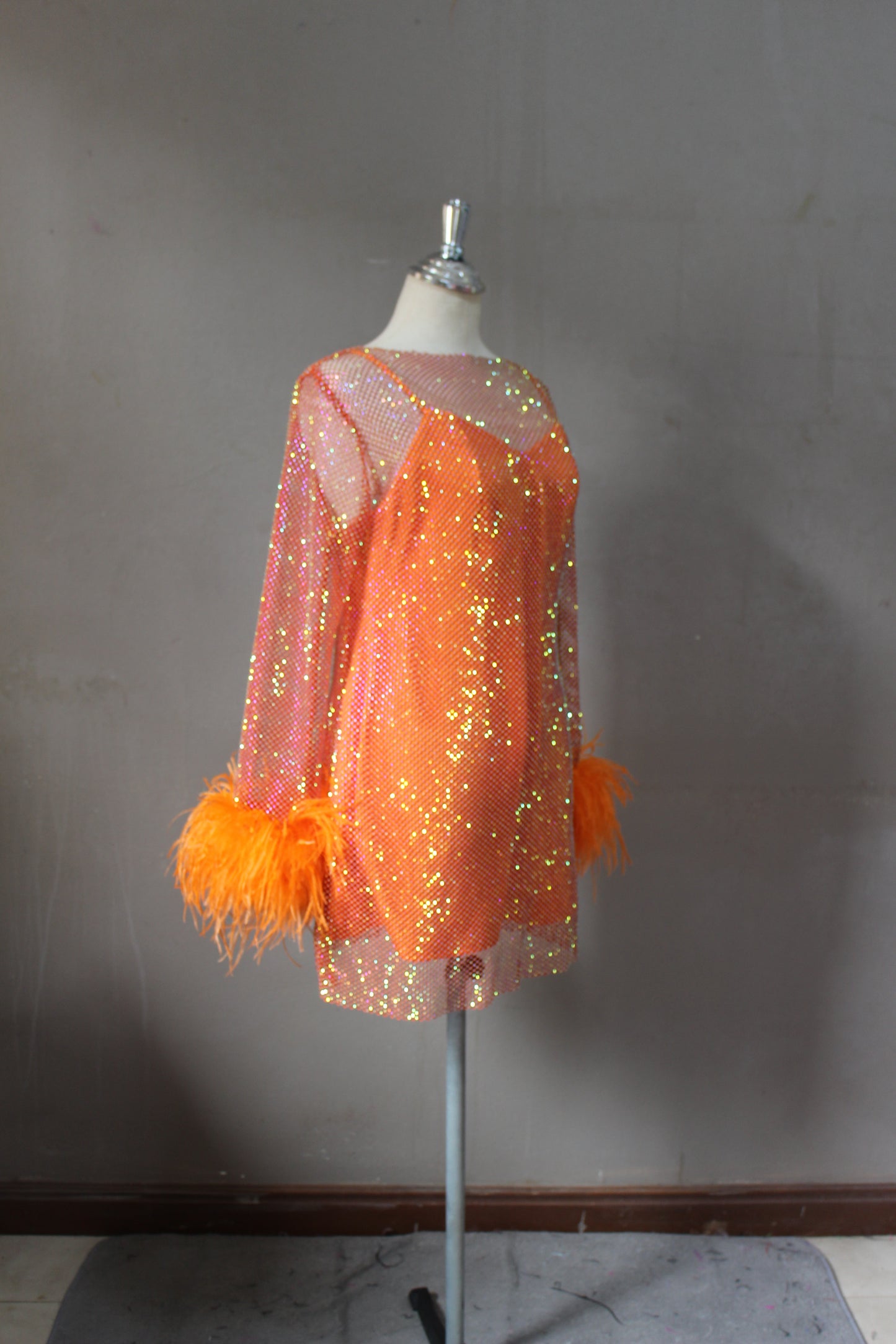 MARAYA Orange Rhinestone mesh Long Sleeve Mini Feather Dress With Slip dress