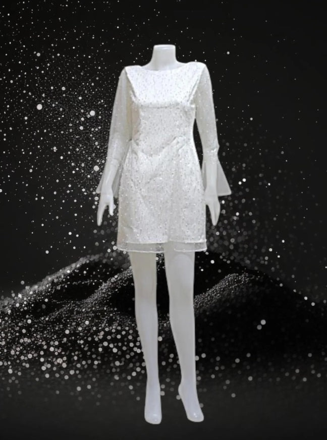 MARAYA Pearl and Sequin Mesh Long Sleeve Mini Feather Wedding Dress, Wedding Dress