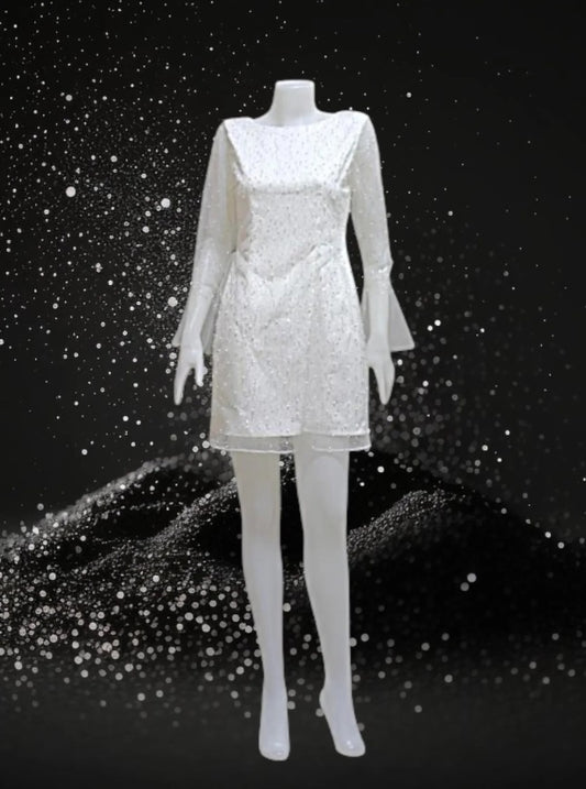 MARAYA Pearl and Sequin Mesh Long Sleeve Mini Feather Wedding Dress, Wedding Dress