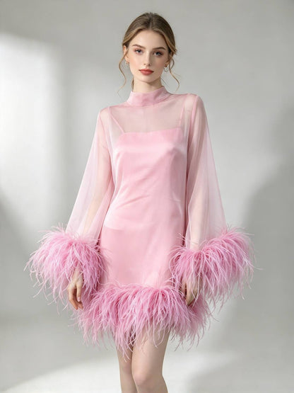 MARAYA Pink C13 Bell Long sleeve mini Ostrich Feather dress
