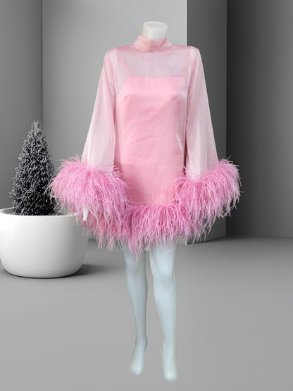 MARAYA Pink C13 Bell Long sleeve mini Ostrich Feather dress
