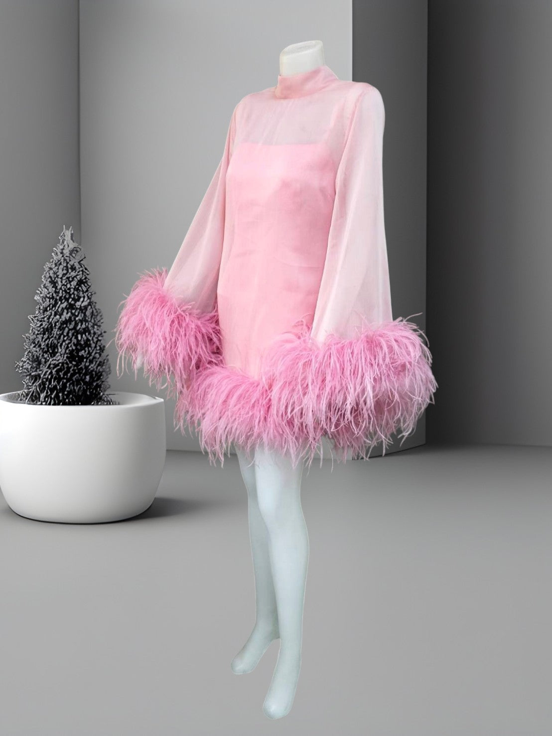 MARAYA Pink C13 Bell Long sleeve mini Ostrich Feather dress