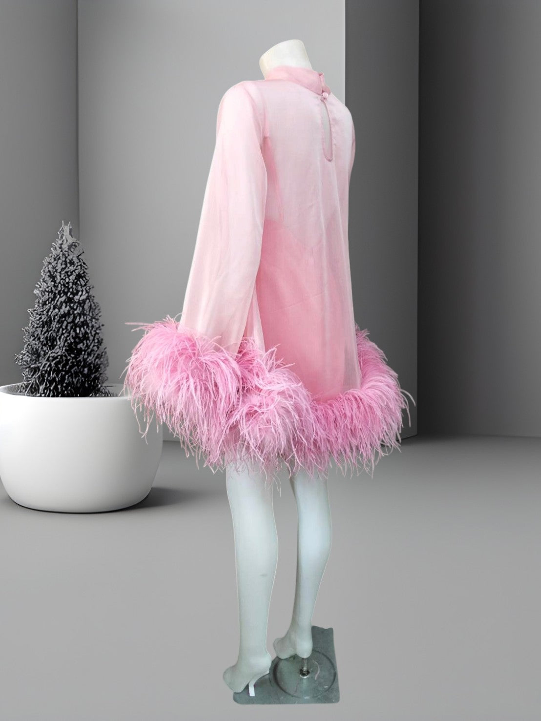 MARAYA Pink C13 Bell Long sleeve mini Ostrich Feather dress