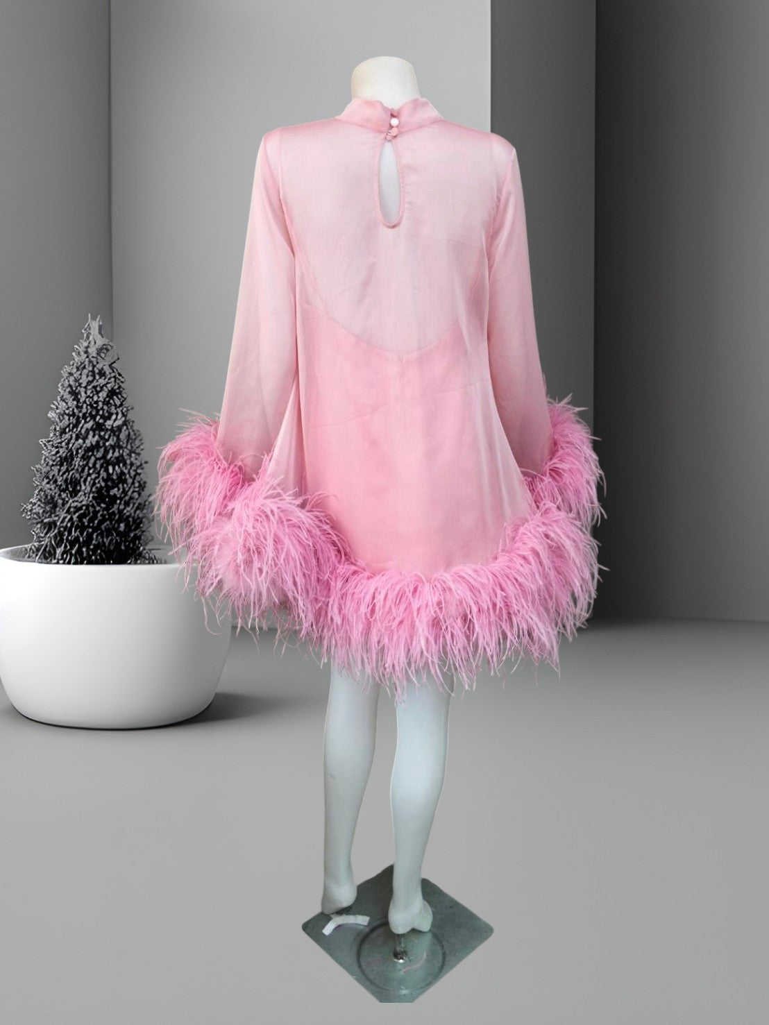 MARAYA Pink C13 Bell Long sleeve mini Ostrich Feather dress