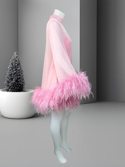 MARAYA Pink C13 Bell Long sleeve mini Ostrich Feather dress