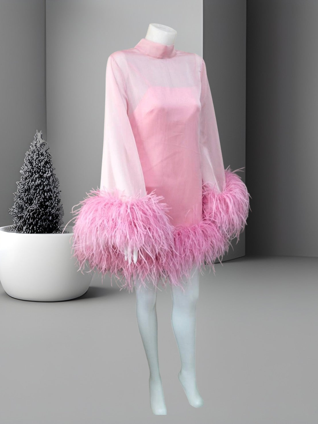 MARAYA Pink C13 Bell Long sleeve mini Ostrich Feather dress