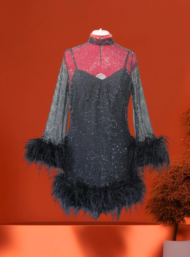 MARAYA Plus Size Black Rhinestone Mesh  High Neck Long Sleeve Bottom Mini Feather Dress