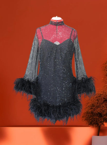 MARAYA Plus Size Black Rhinestone Mesh  High Neck Long Sleeve Bottom Mini Feather Dress