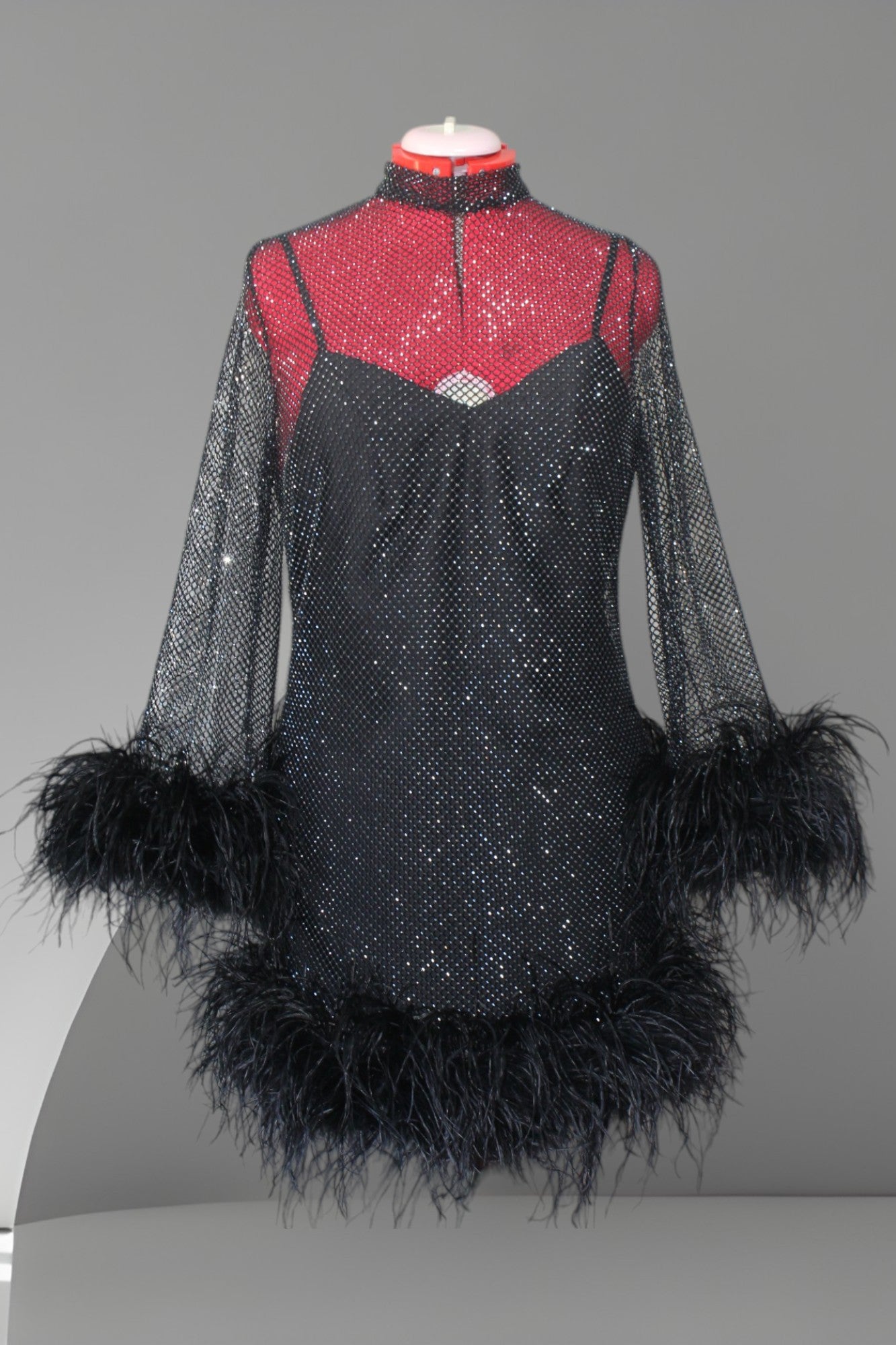 MARAYA Plus Size Black Rhinestone Mesh  High Neck Long Sleeve Bottom Mini Feather Dress