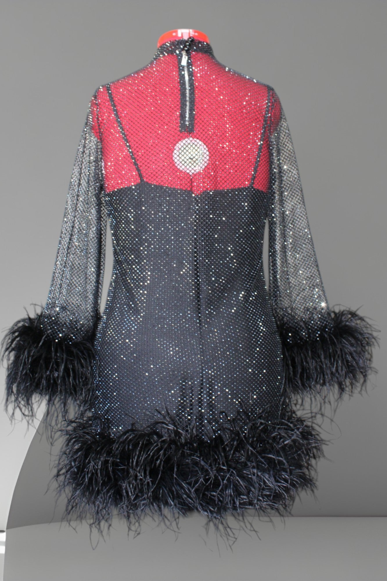 MARAYA Plus Size Black Rhinestone Mesh  High Neck Long Sleeve Bottom Mini Feather Dress