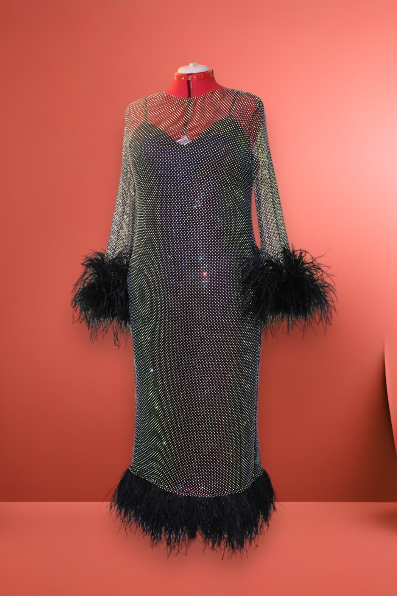 MARAYA Plus Size Black Rhinestone mesh Long Sleeve Mesh Maxi Dress With Slip dress