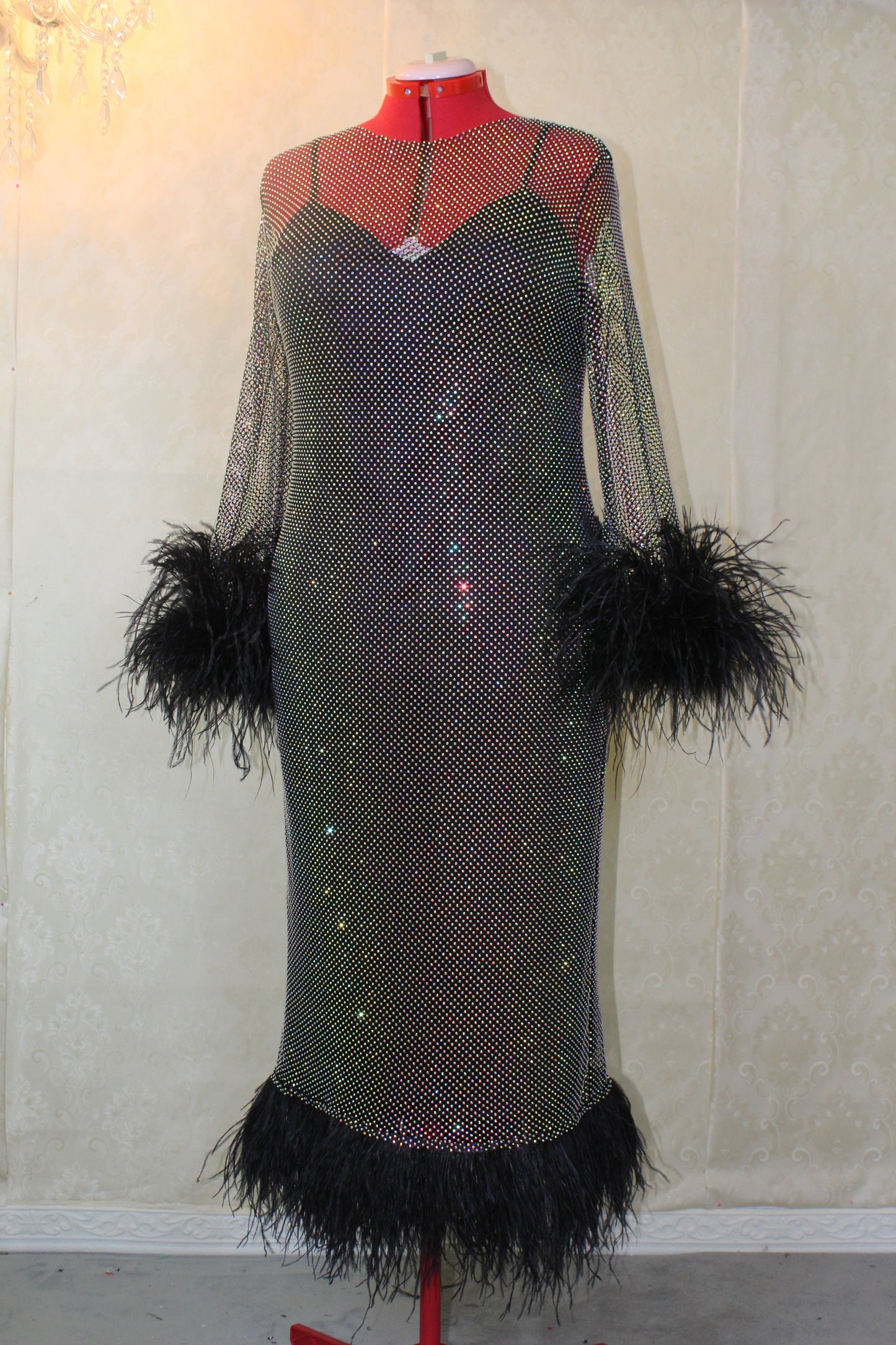 MARAYA Plus Size Black Rhinestone mesh Long Sleeve Mesh Maxi Dress With Slip dress