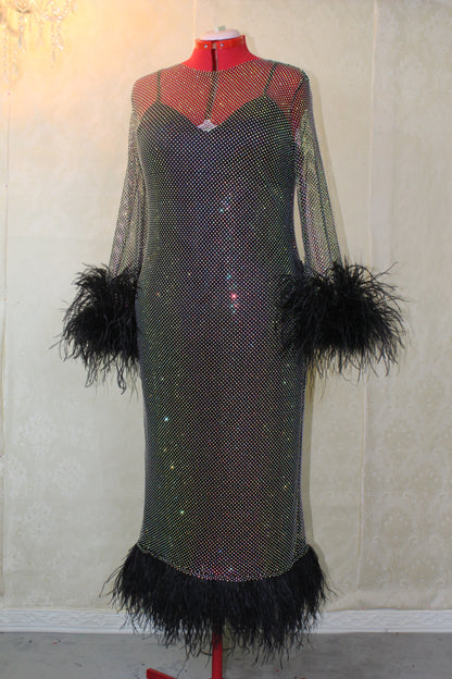 MARAYA Plus Size Black Rhinestone mesh Long Sleeve Mesh Maxi Dress With Slip dress