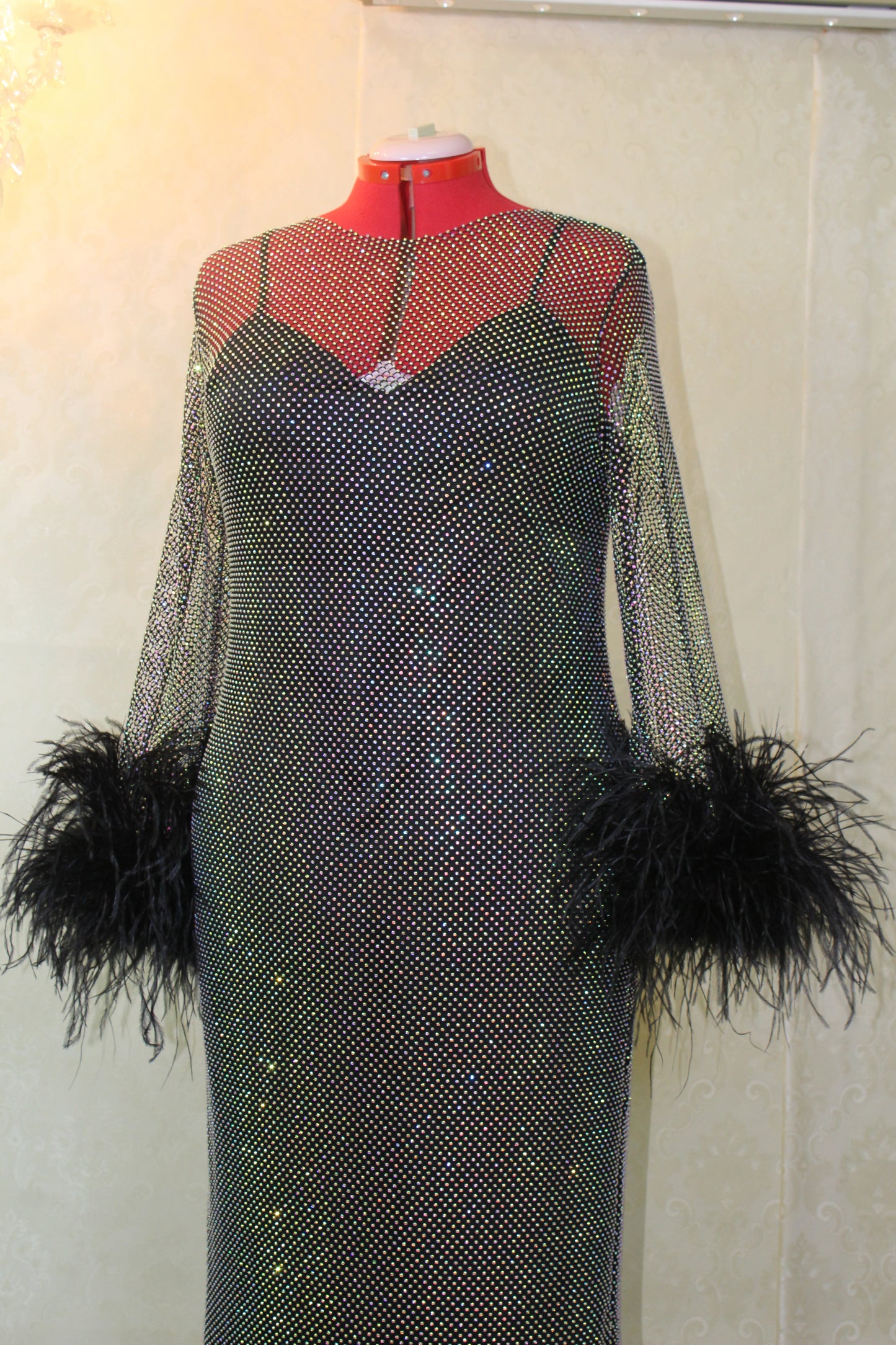 MARAYA Plus Size Black Rhinestone mesh Long Sleeve Mesh Maxi Dress With Slip dress