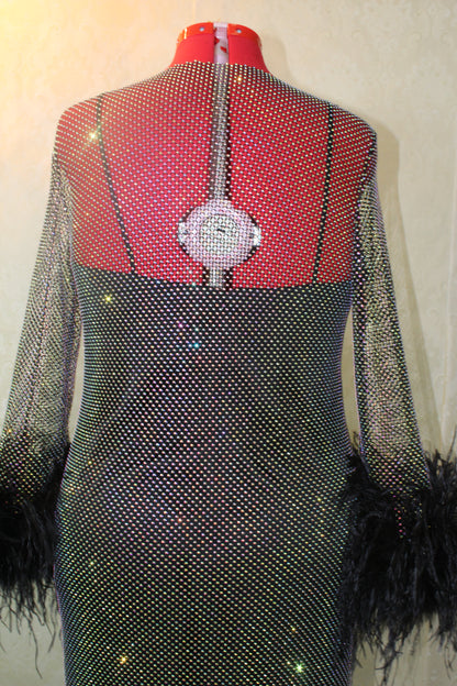 MARAYA Plus Size Black Rhinestone mesh Long Sleeve Mesh Maxi Dress With Slip dress