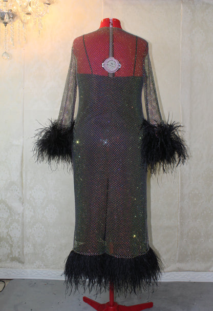 MARAYA Plus Size Black Rhinestone mesh Long Sleeve Mesh Maxi Dress With Slip dress