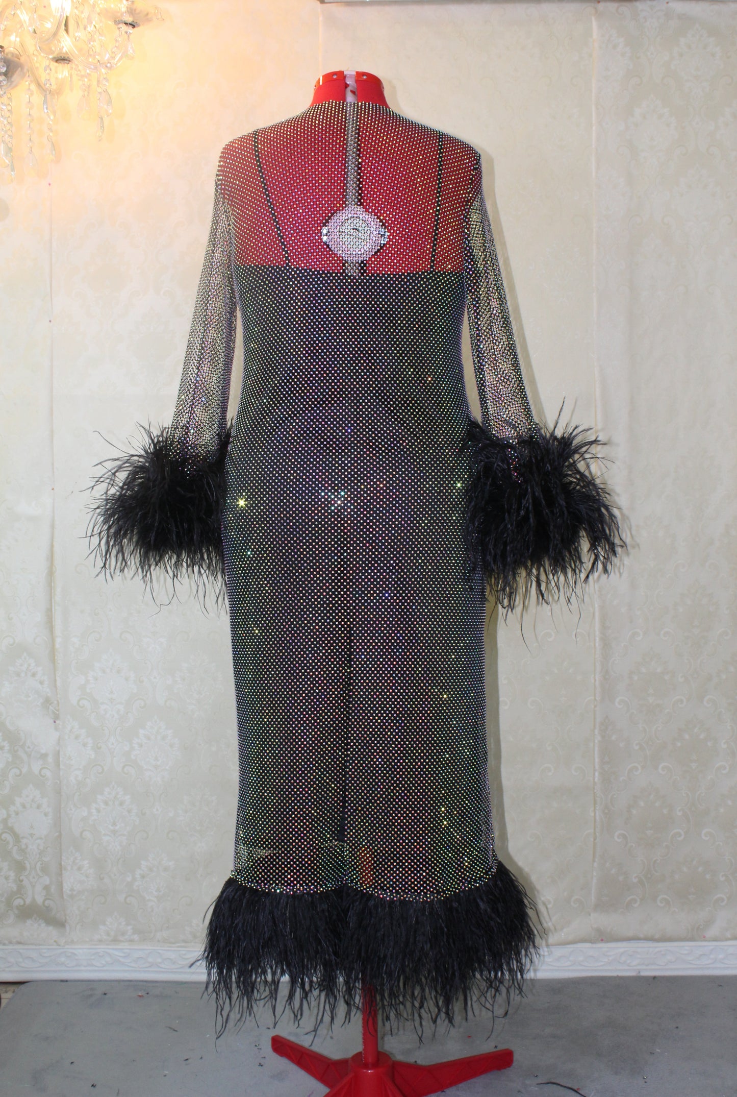 MARAYA Plus Size Black Rhinestone mesh Long Sleeve Mesh Maxi Dress With Slip dress