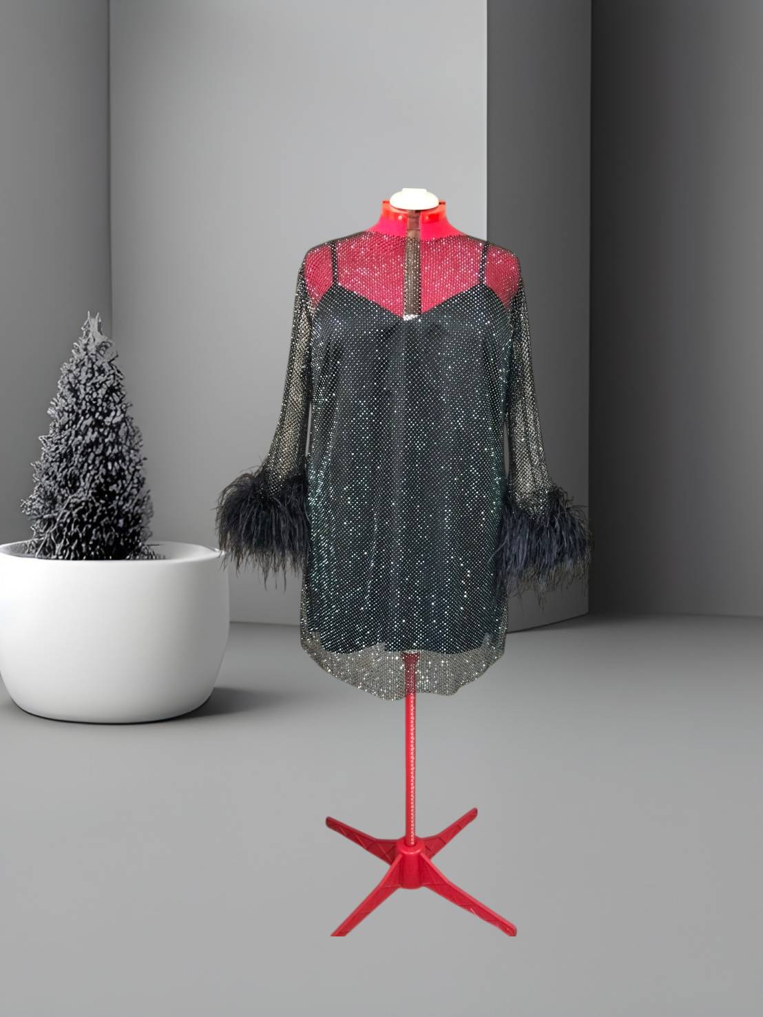 MARAYA Plus Size Black Rhinestone Mesh Long Sleeve Mini Feather Dress