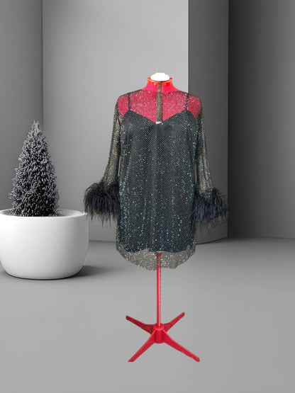 MARAYA Plus Size Black Rhinestone Mesh Long Sleeve Mini Feather Dress