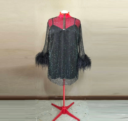 MARAYA Plus Size Black Rhinestone Mesh Long Sleeve Mini Feather Dress