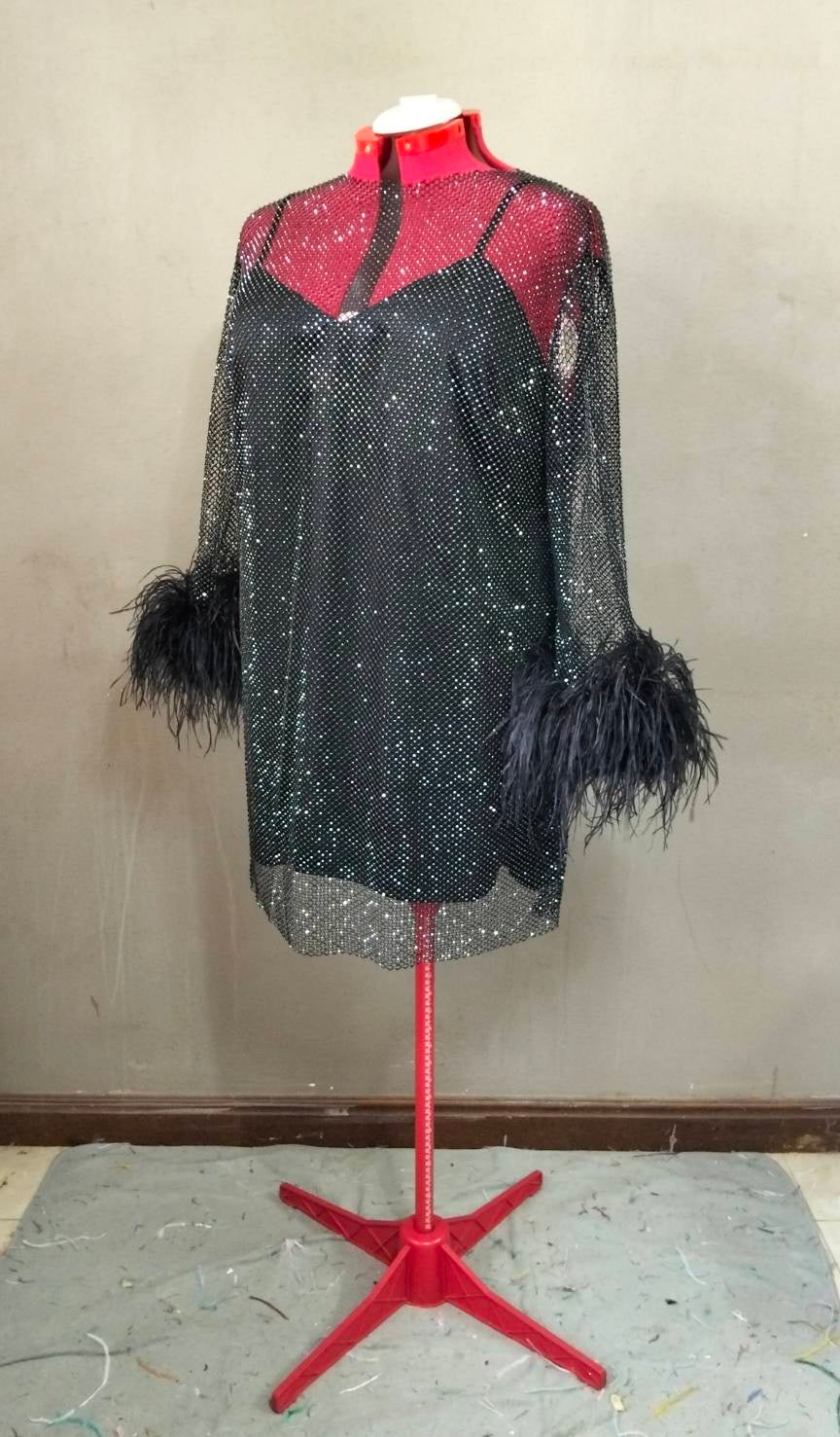 MARAYA Plus Size Black Rhinestone Mesh Long Sleeve Mini Feather Dress