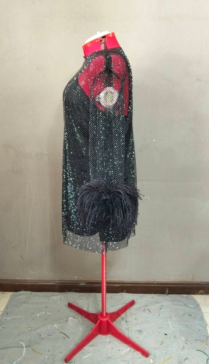 MARAYA Plus Size Black Rhinestone Mesh Long Sleeve Mini Feather Dress