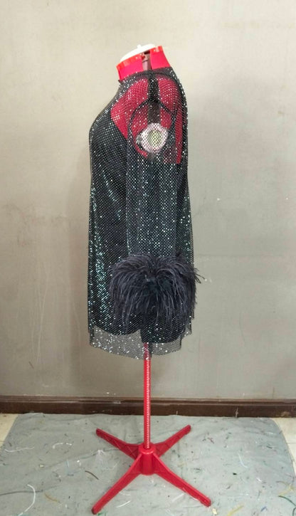 MARAYA Plus Size Black Rhinestone Mesh Long Sleeve Mini Feather Dress