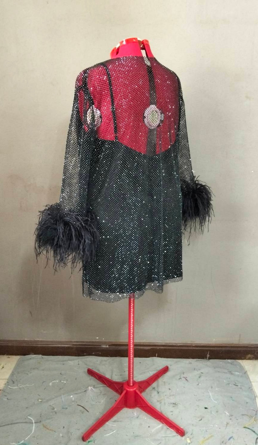 MARAYA Plus Size Black Rhinestone Mesh Long Sleeve Mini Feather Dress
