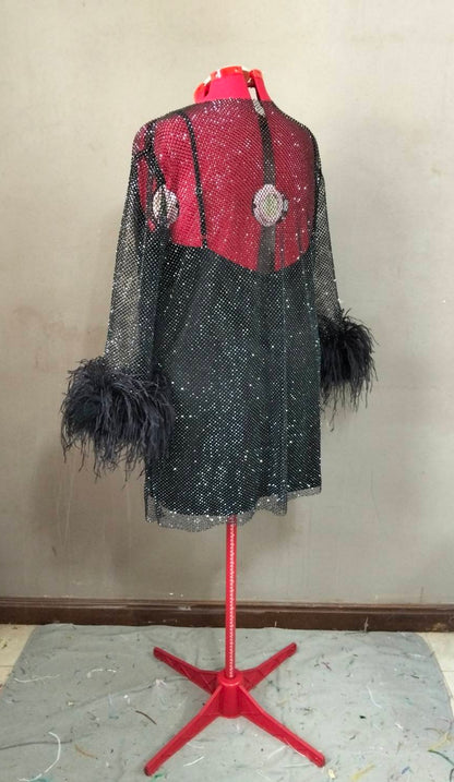 MARAYA Plus Size Black Rhinestone Mesh Long Sleeve Mini Feather Dress