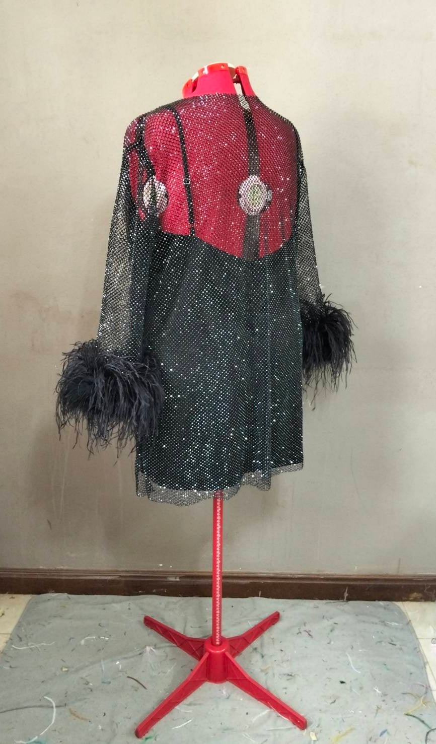 MARAYA Plus Size Black Rhinestone Mesh Long Sleeve Mini Feather Dress