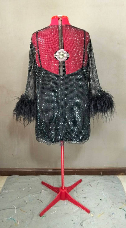 MARAYA Plus Size Black Rhinestone Mesh Long Sleeve Mini Feather Dress