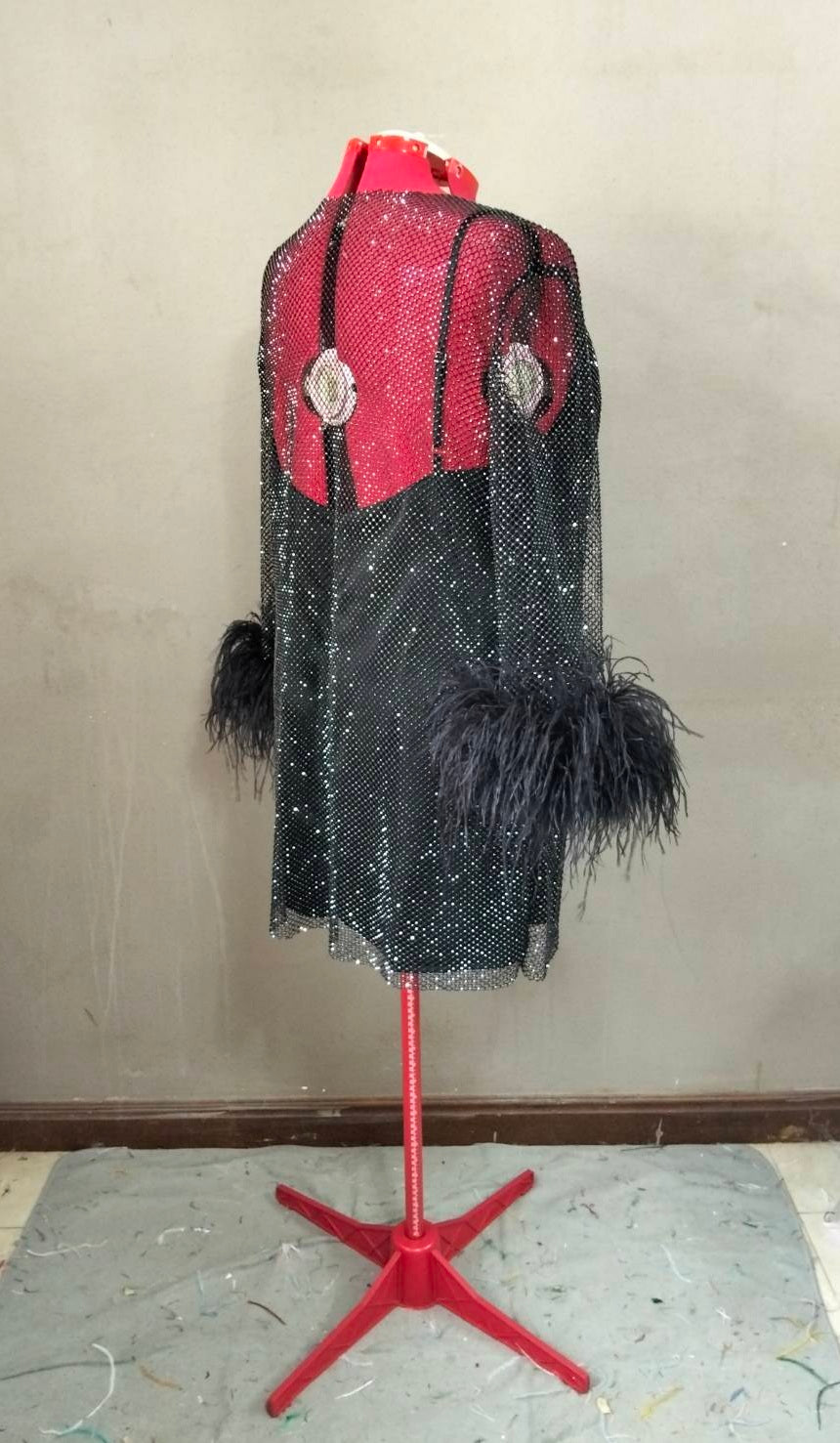 MARAYA Plus Size Black Rhinestone Mesh Long Sleeve Mini Feather Dress