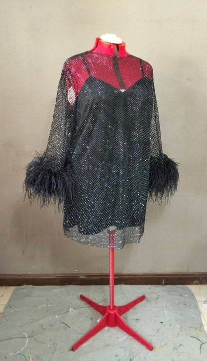 MARAYA Plus Size Black Rhinestone Mesh Long Sleeve Mini Feather Dress