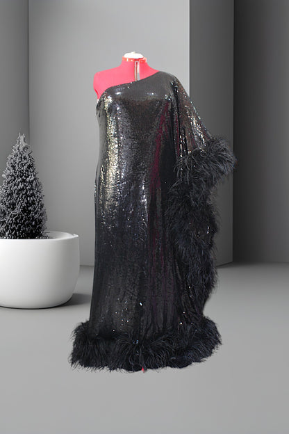 MARAYA Plus Size Black Sequin One-Shoulder Feather Maxi Dress