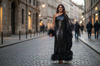 MARAYA Plus Size Black Sequin One-Shoulder Feather Maxi Dress