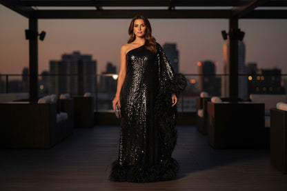 MARAYA Plus Size Black Sequin One-Shoulder Feather Maxi Dress