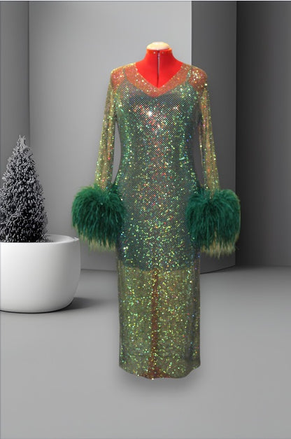 MARAYA Plus Size Green Rhinestone Mesh Long Sleeve Maxi Dress With Slip dress