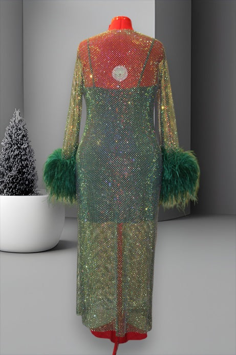 MARAYA Plus Size Green Rhinestone Mesh Long Sleeve Maxi Dress With Slip dress