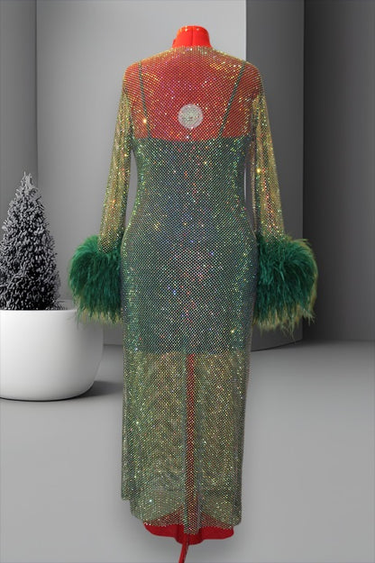MARAYA Plus Size Green Rhinestone Mesh Long Sleeve Maxi Dress With Slip dress