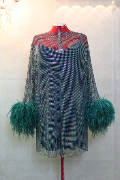 MARAYA Plus Size Green Rhinestone Mesh Long Sleeve Mini Feather Dress With Slip Dress