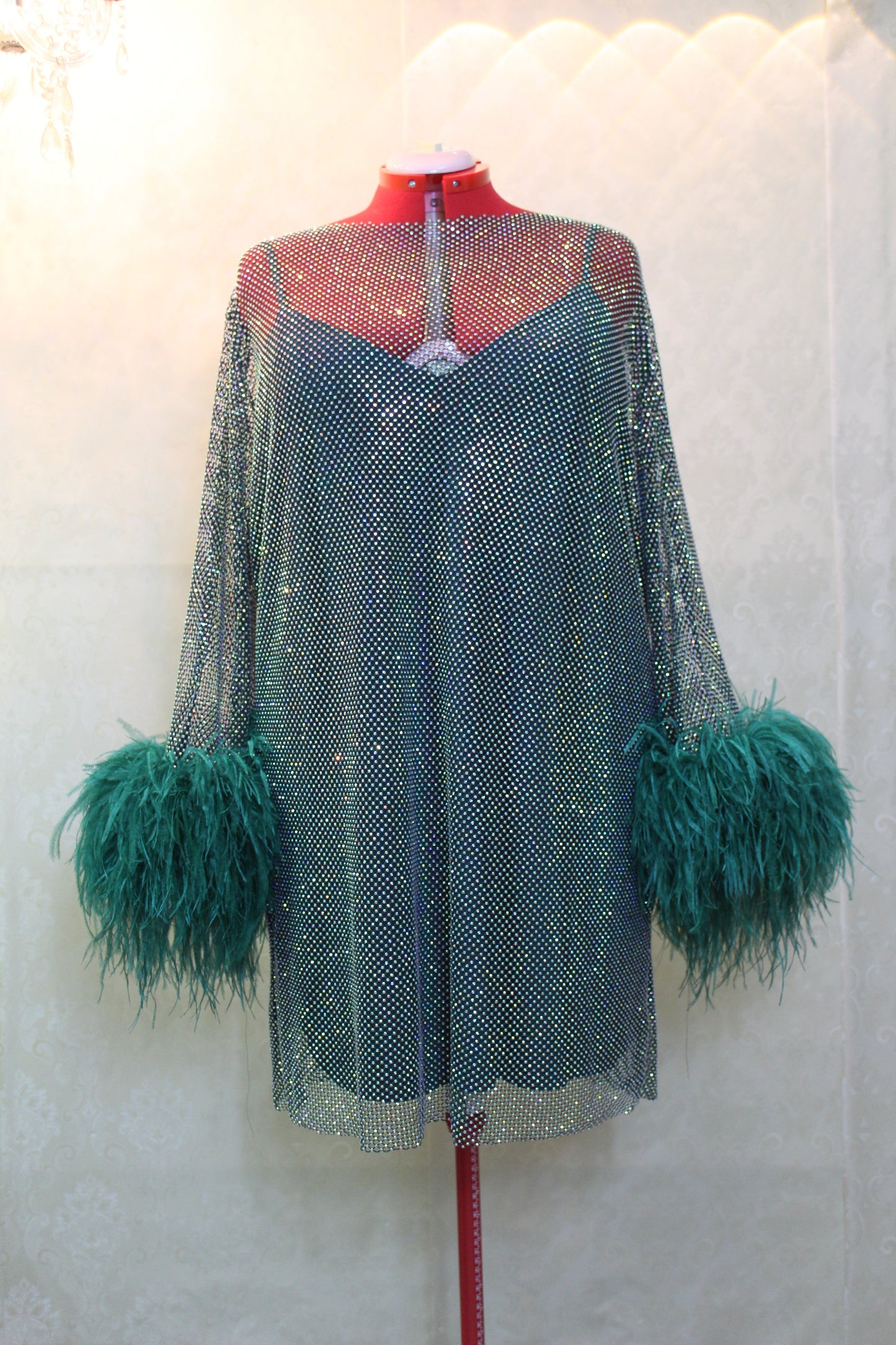 MARAYA Plus Size Green Rhinestone Mesh Long Sleeve Mini Feather Dress With Slip Dress