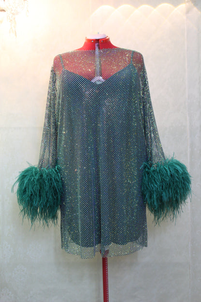 MARAYA Plus Size Green Rhinestone Mesh Long Sleeve Mini Feather Dress With Slip Dress