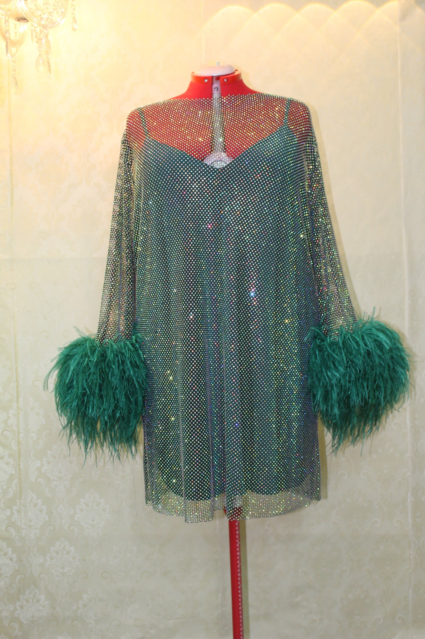 MARAYA Plus Size Green Rhinestone Mesh Long Sleeve Mini Feather Dress With Slip Dress