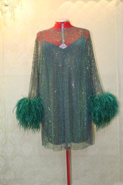 MARAYA Plus Size Green Rhinestone Mesh Long Sleeve Mini Feather Dress With Slip Dress
