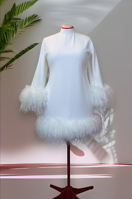 MARAYA Plus Size Long sleeve High Neck Feather mini dress